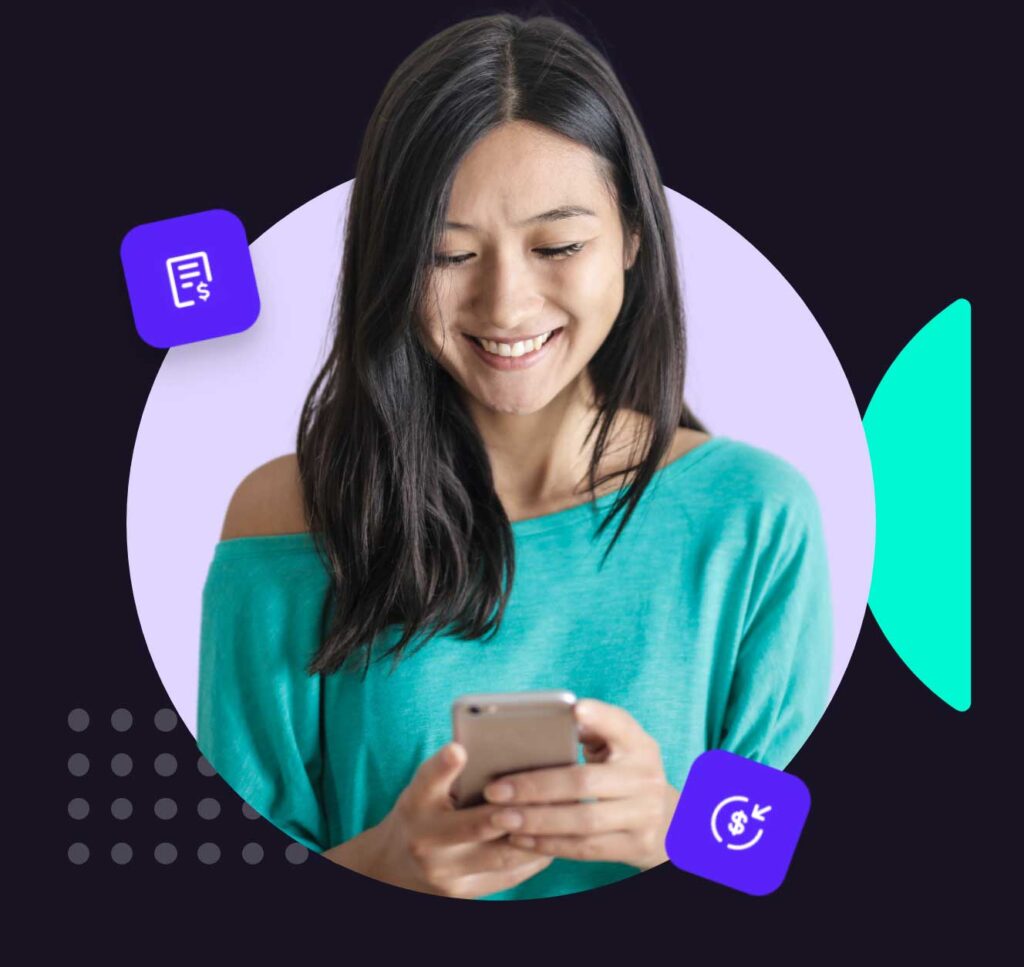Woman looking at her phone in light purple circle with black background and dark purple icons